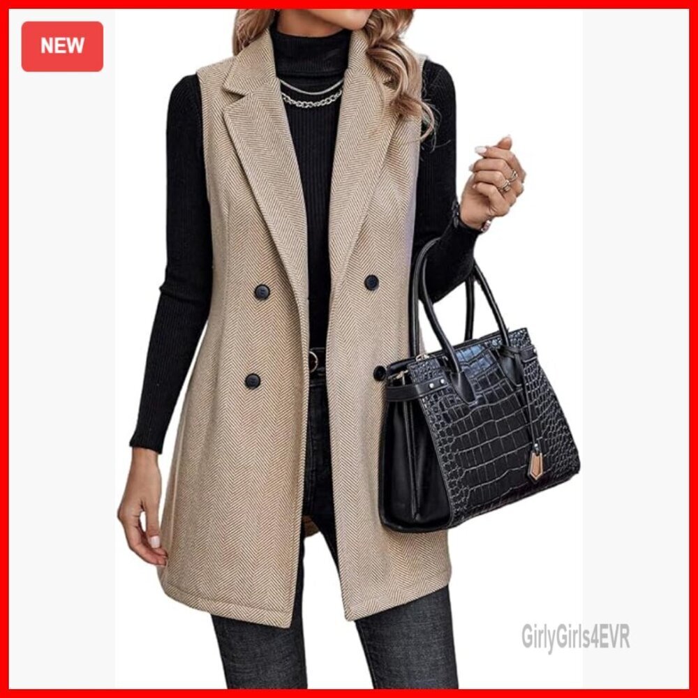 Wool Blend Long Vest Sleeveless Lapel Double Breasted Winter Outerwear